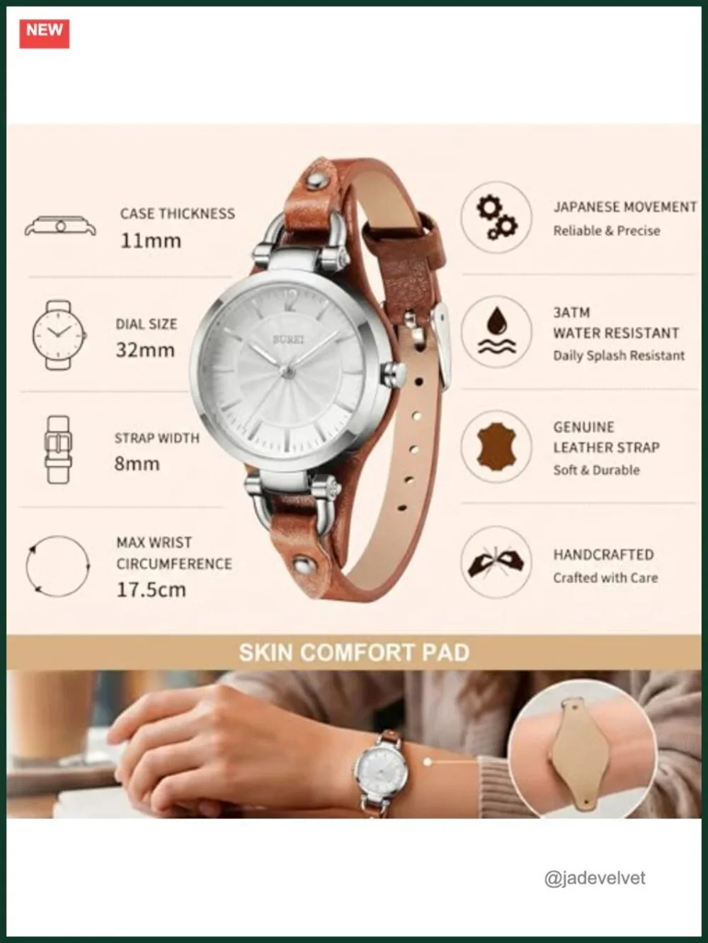 Women's Analog Quartz Watch with Leather Strap, Small Thin Face, Easy to Read